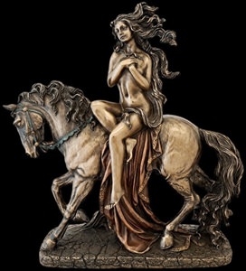 Lady Godiva figur på hesteryg, Veronese Art Nouveau stil, frontvinkel, bronze finish